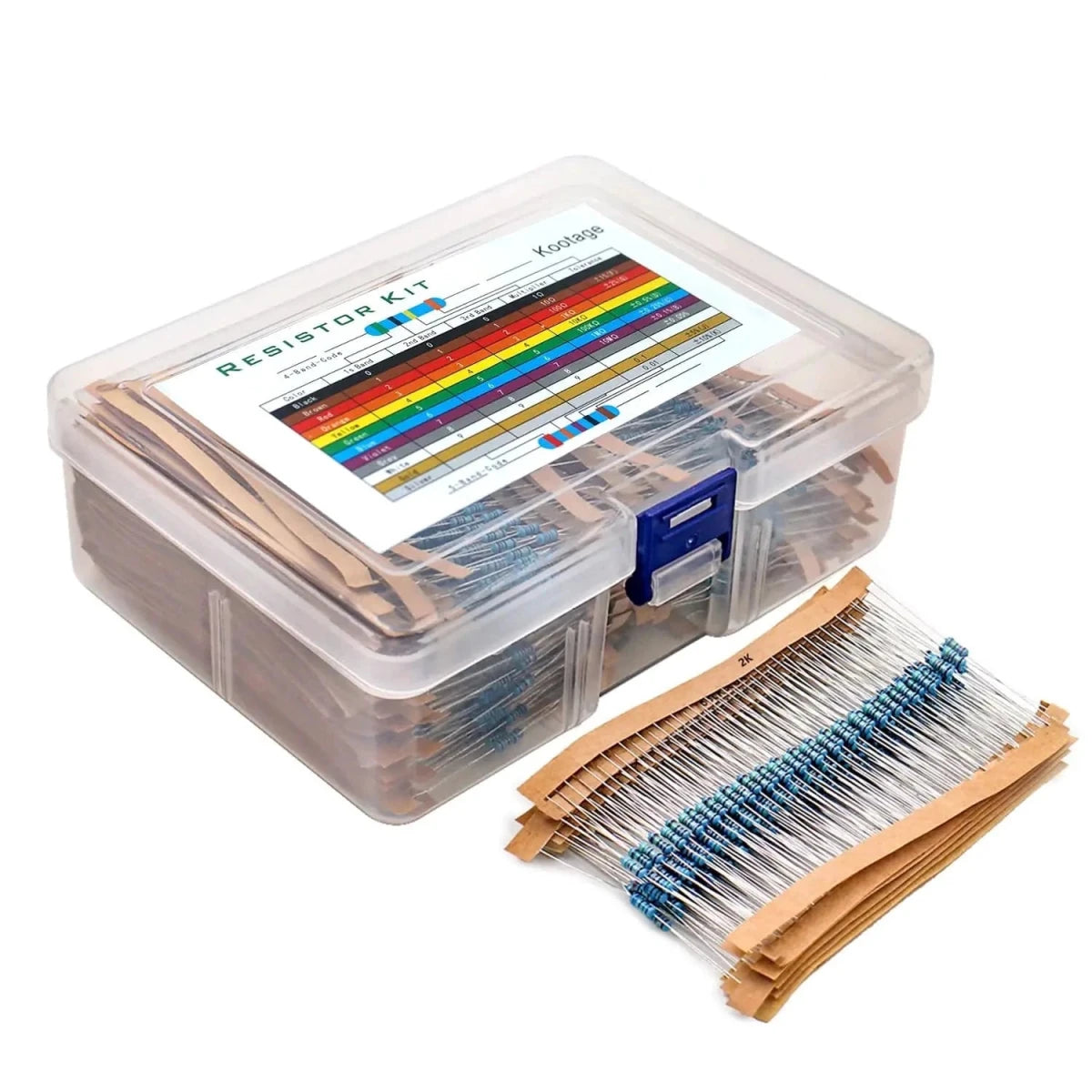 A set of 300/600 Aokin Mandotos 1% metal film resistors, 10 Ohm to 1M Ohm, with 30 different resistance values, quarter watt.