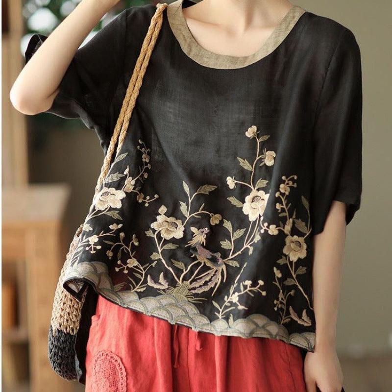 Art Retro Embroidery Top Colored Round Neck Pullover - MANDOTOS