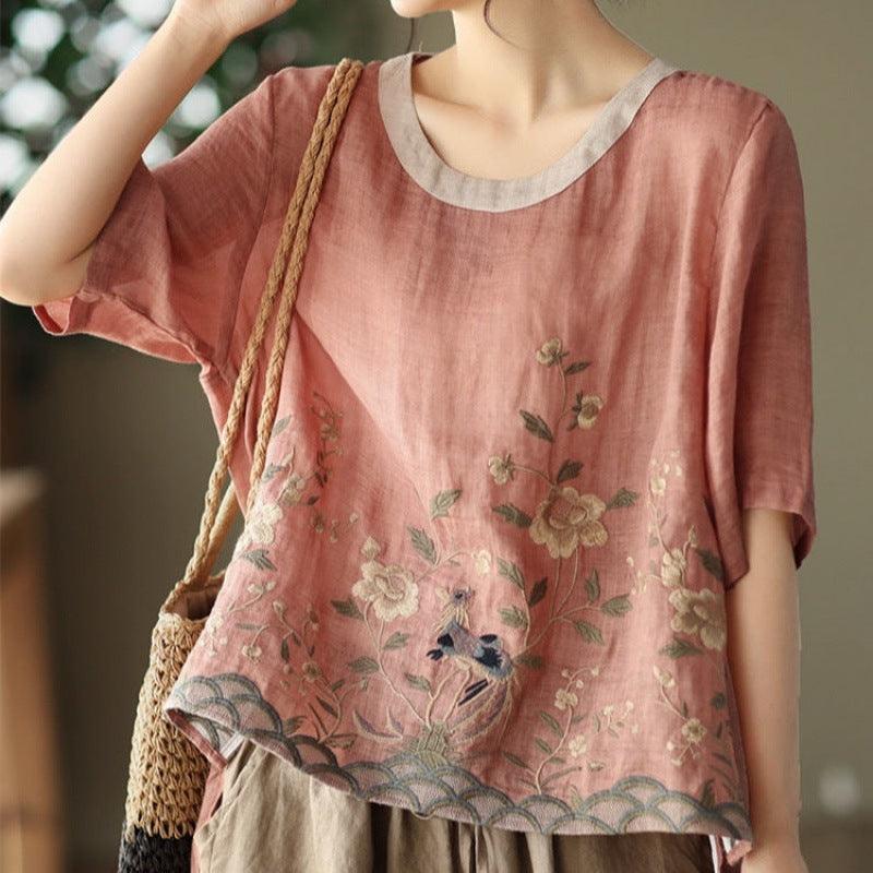 Art Retro Embroidery Top Colored Round Neck Pullover - MANDOTOS