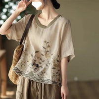 Art Retro Embroidery Top Colored Round Neck Pullover - MANDOTOS