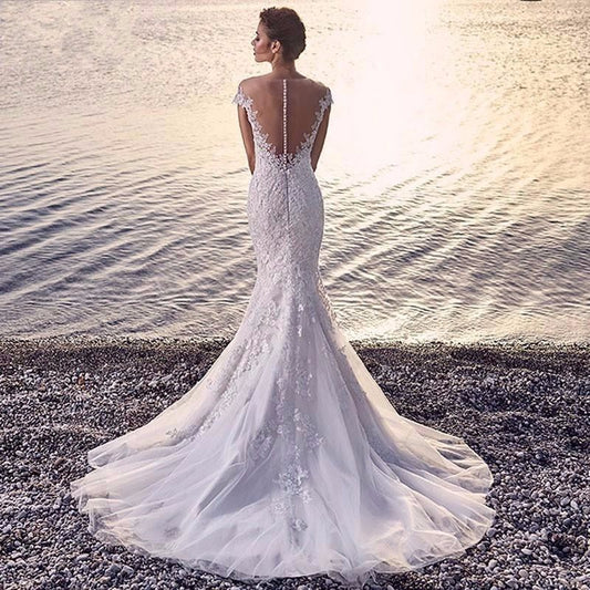 Princess Bride Mermaid Wedding Dress - White Trailing Backless Lace Gown