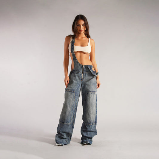 Y2K Zipper Denim Overalls With Pockets Fashion Loose Suspender Jumpsuit Streetwear Jeans Pants Womens Clothing - MANDOTOS