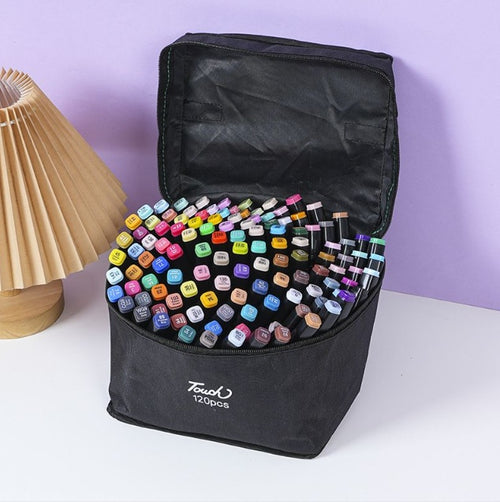 Ancient Energy 120 colors manga brush marker pens set with student markers, showcasing vibrant ink colors and brush tip designs.