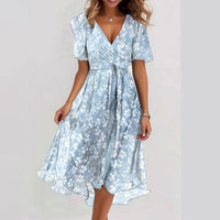Chiffon Printed Short Sleeve Dress Summer Elegant V-neck Dresses Womens Clothing