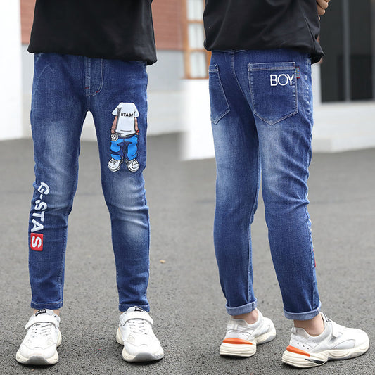 Ancient Energy boys' autumn and winter one-piece velvet jeans, cozy and warm for cold weather, shown in the image.