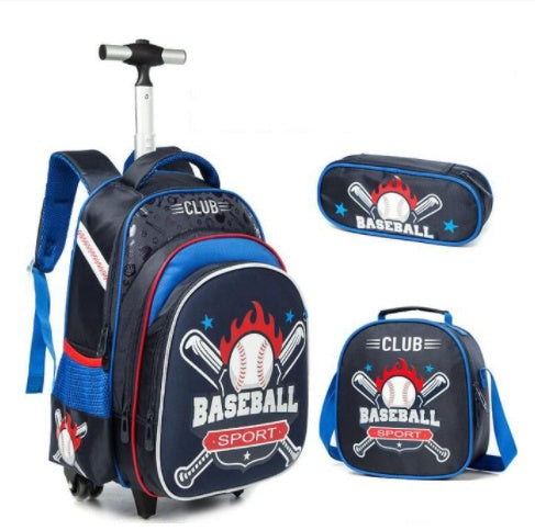 Ancient Energy three-piece trolley bag for primary school students with colorful cartoon designs and sturdy wheels for kids.