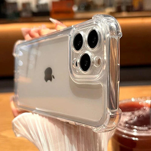 Luxury shockproof transparent iPhone case by BIBIBALL for iPhone 11 to 15, showing clear bumper design and protection features.