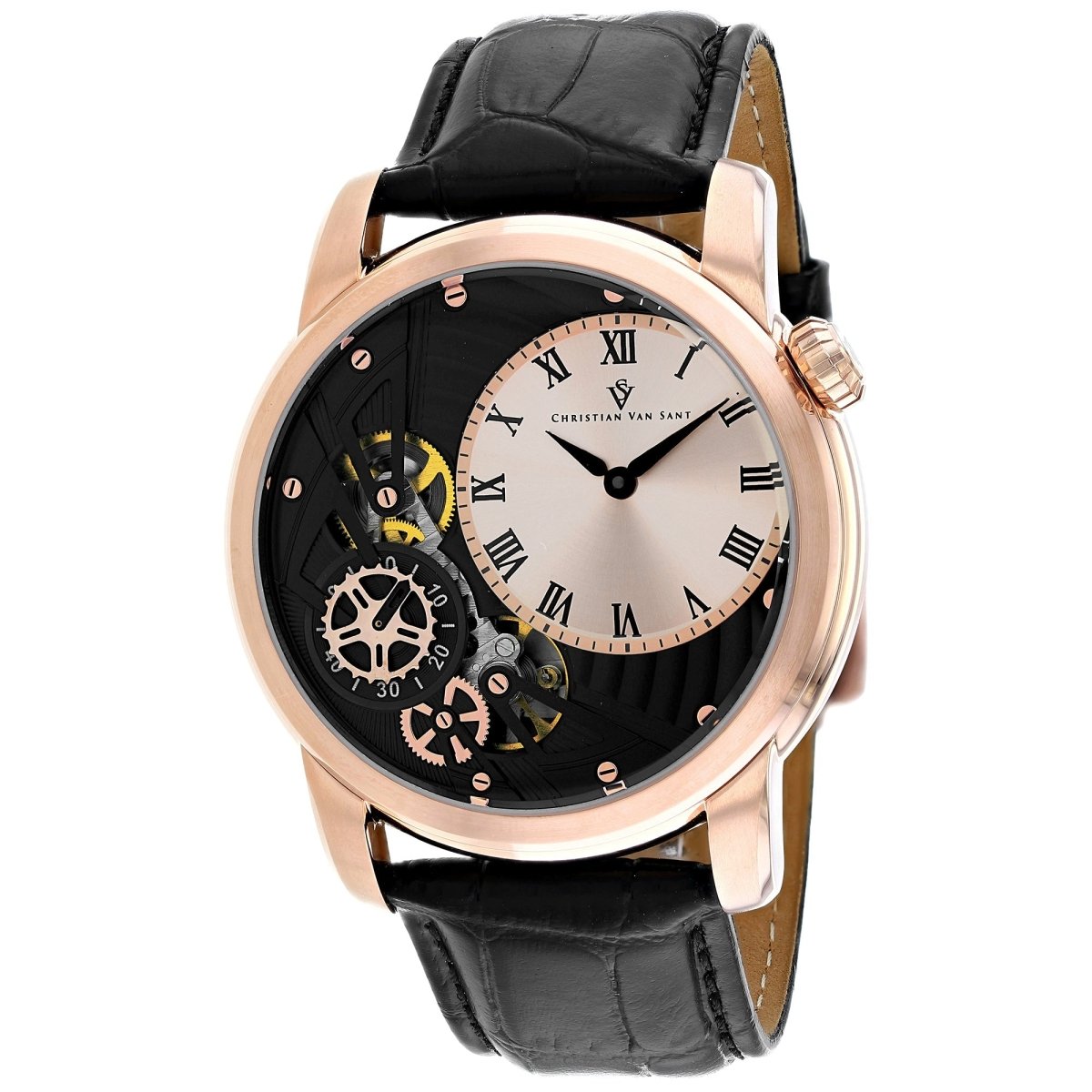 Christian Van Sant men's Sprocket auto-quartz watch with stainless steel band and black dial, stylish and precise timepiece.