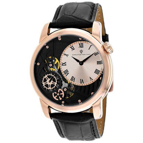 Christian Van Sant men's Sprocket auto-quartz watch with stainless steel band and black dial, stylish and precise timepiece.