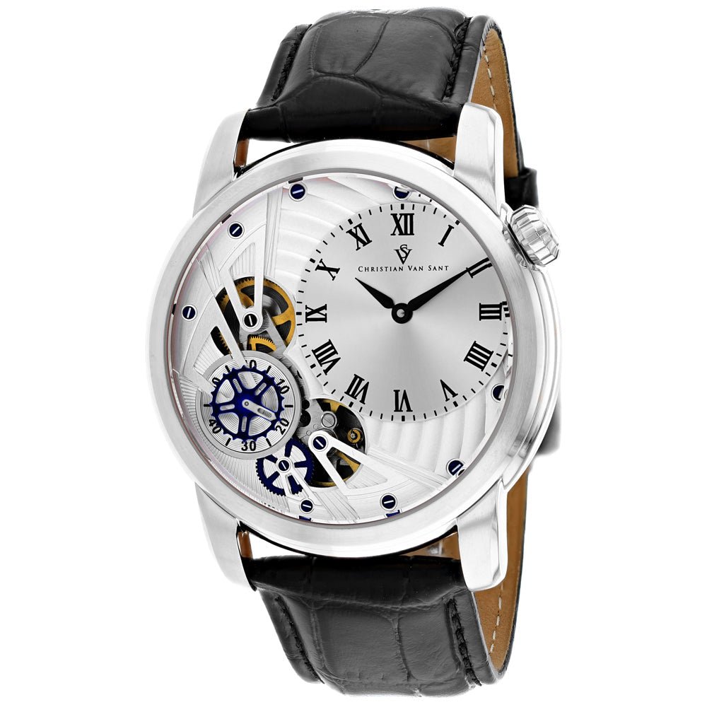 Christian Van Sant men's Sprocket auto-quartz watch with black dial and stainless steel band, classic timepiece for men.