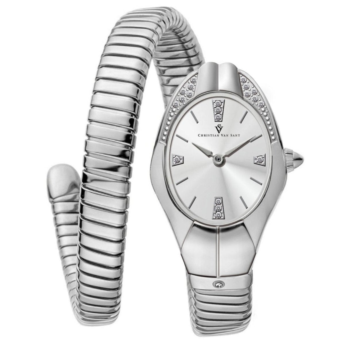 Christian Van Sant Women's Naga watch with a sleek design and silver-tone strap, featuring a round dial and elegant details.