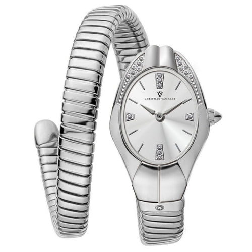 Christian Van Sant Women's Naga watch with a sleek design and silver-tone strap, featuring a round dial and elegant details.