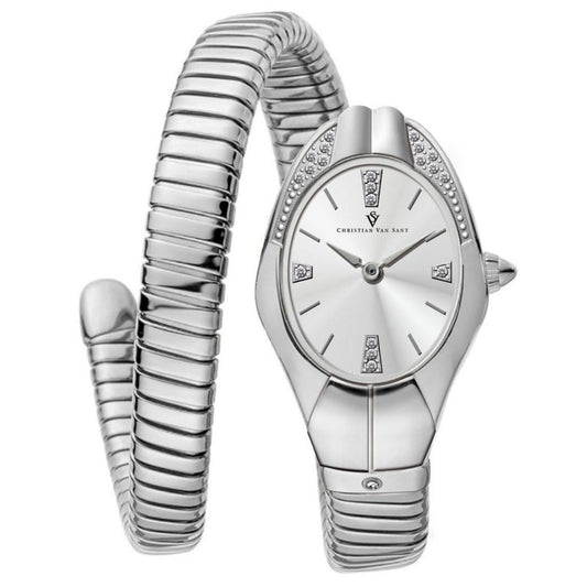 Christian Van Sant Women's Naga watch with a sleek design and silver-tone strap, featuring a round dial and elegant details.