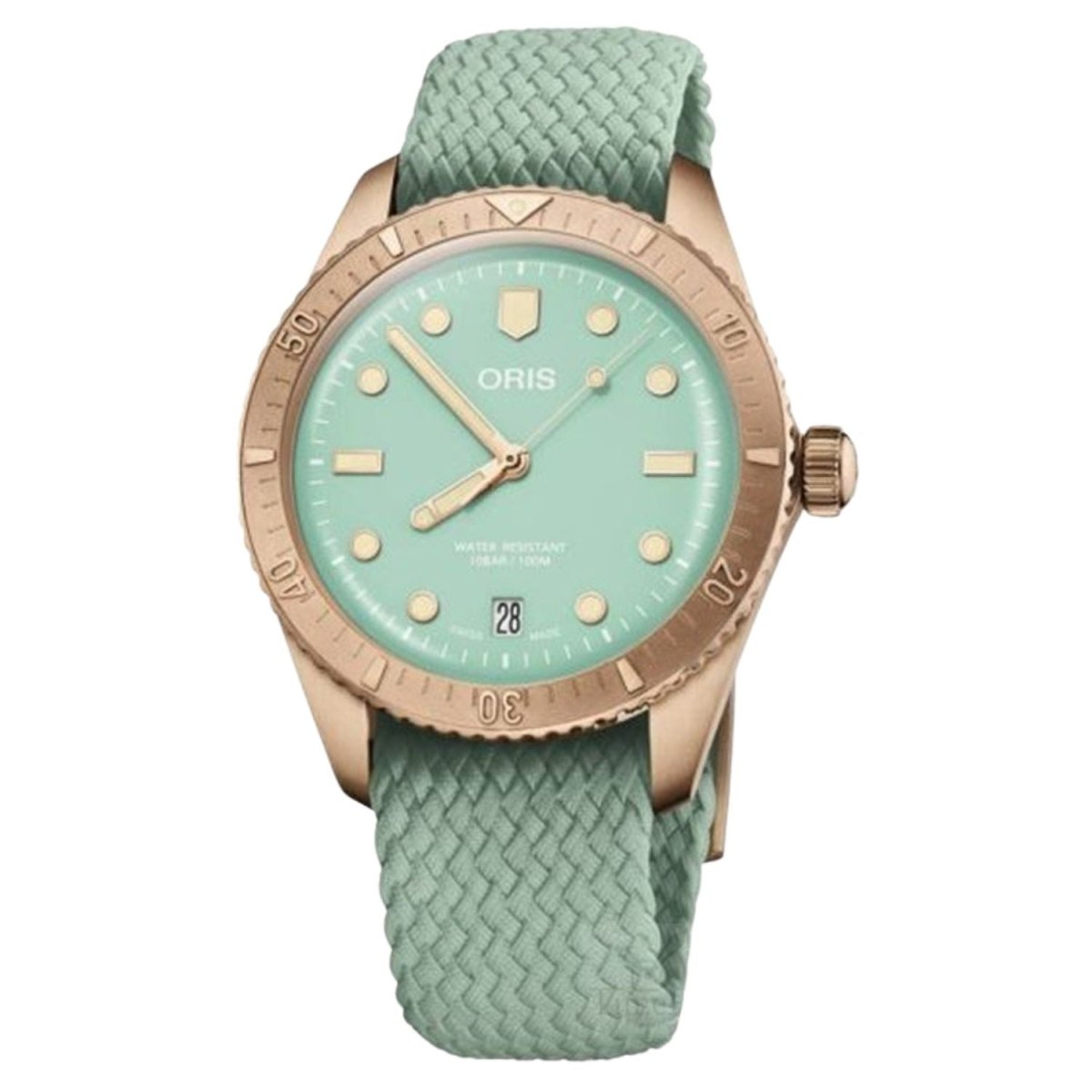 Oris women's Divers Next-Gen dive watch with black dial, stainless steel bracelet, and rotating bezel, designed for underwater exploration.
