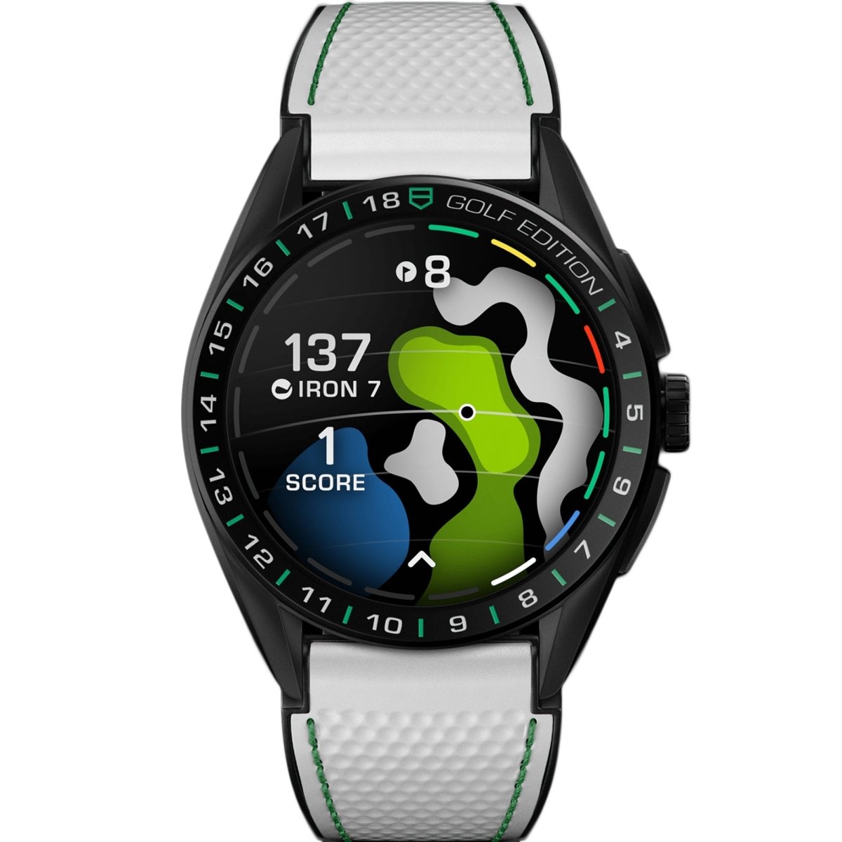Tag Heuer men's Connected Golf smartwatch showing digital display and sporty design, designed for golf enthusiasts.
