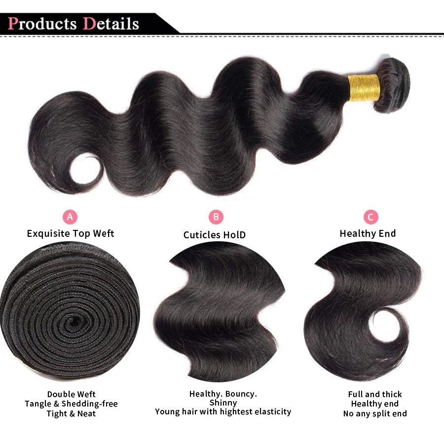 Body Wave Bundles Human Hair Brazilian Hair Weave Bundles 100% Natural Black Human Hair Extensions 3 PCS Bundles - MANDOTOS