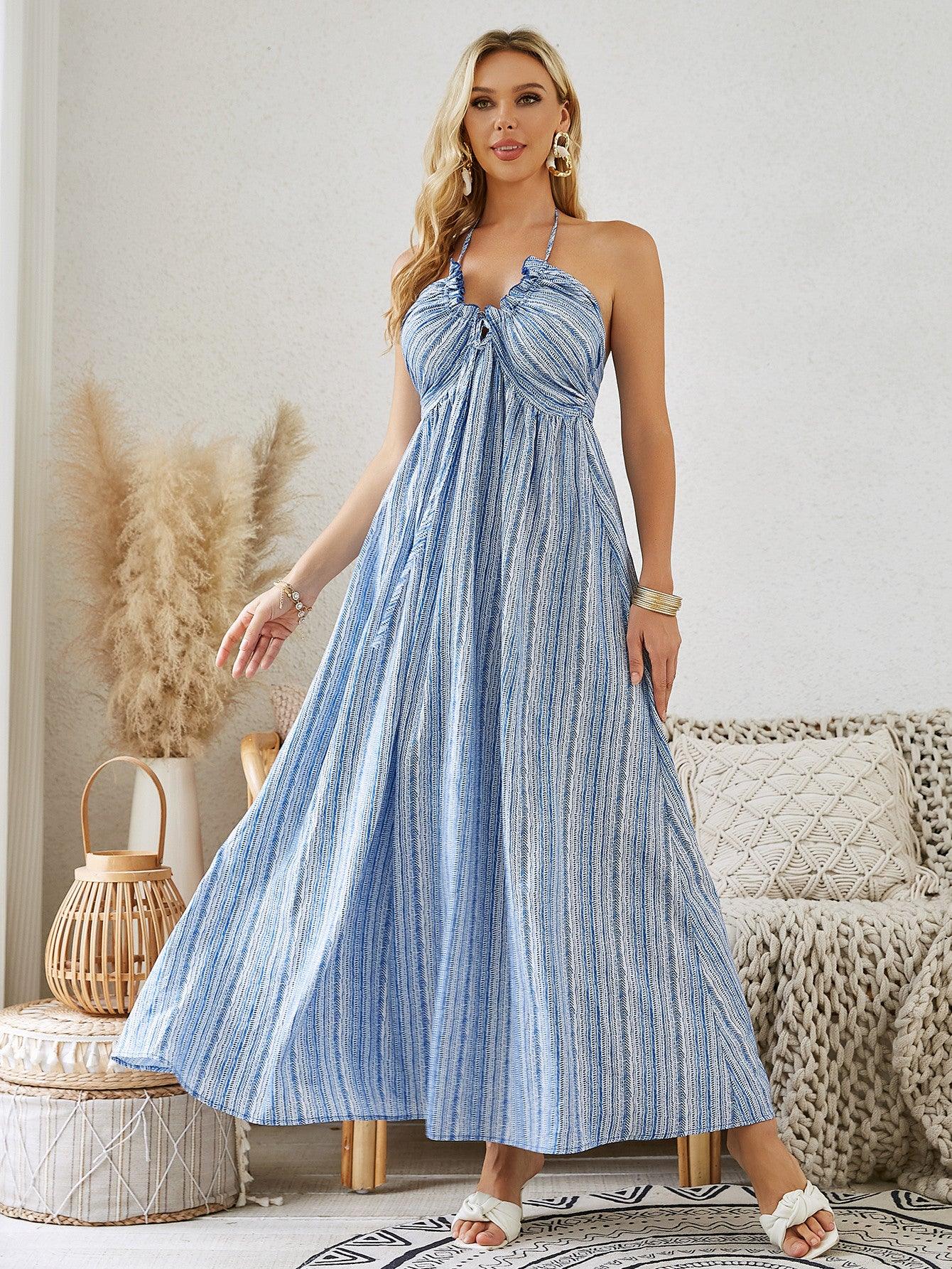 Bohemian Halter Maxi Dress - Women's Summer Sleeveless Flowy Beach Dress - MANDOTOS