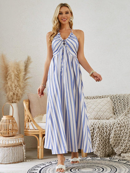 Bohemian Halter Maxi Dress - Women's Summer Sleeveless Flowy Beach Dress - MANDOTOS