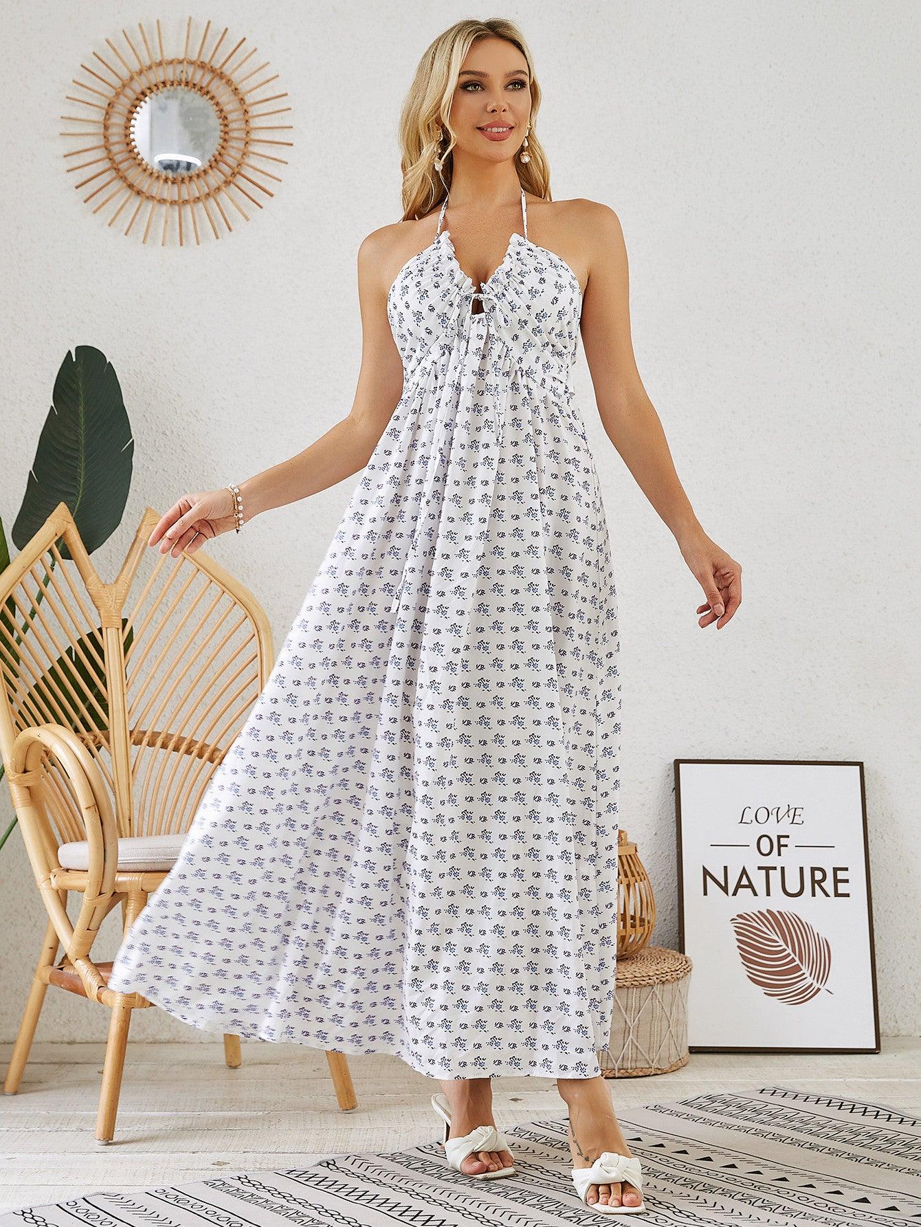 Bohemian Halter Maxi Dress - Women's Summer Sleeveless Flowy Beach Dress - MANDOTOS