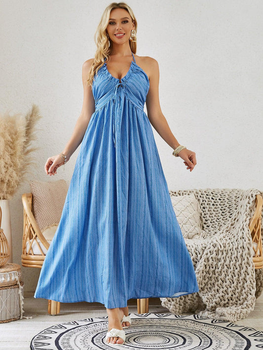 Bohemian Halter Maxi Dress - Women's Summer Sleeveless Flowy Beach Dress - MANDOTOS