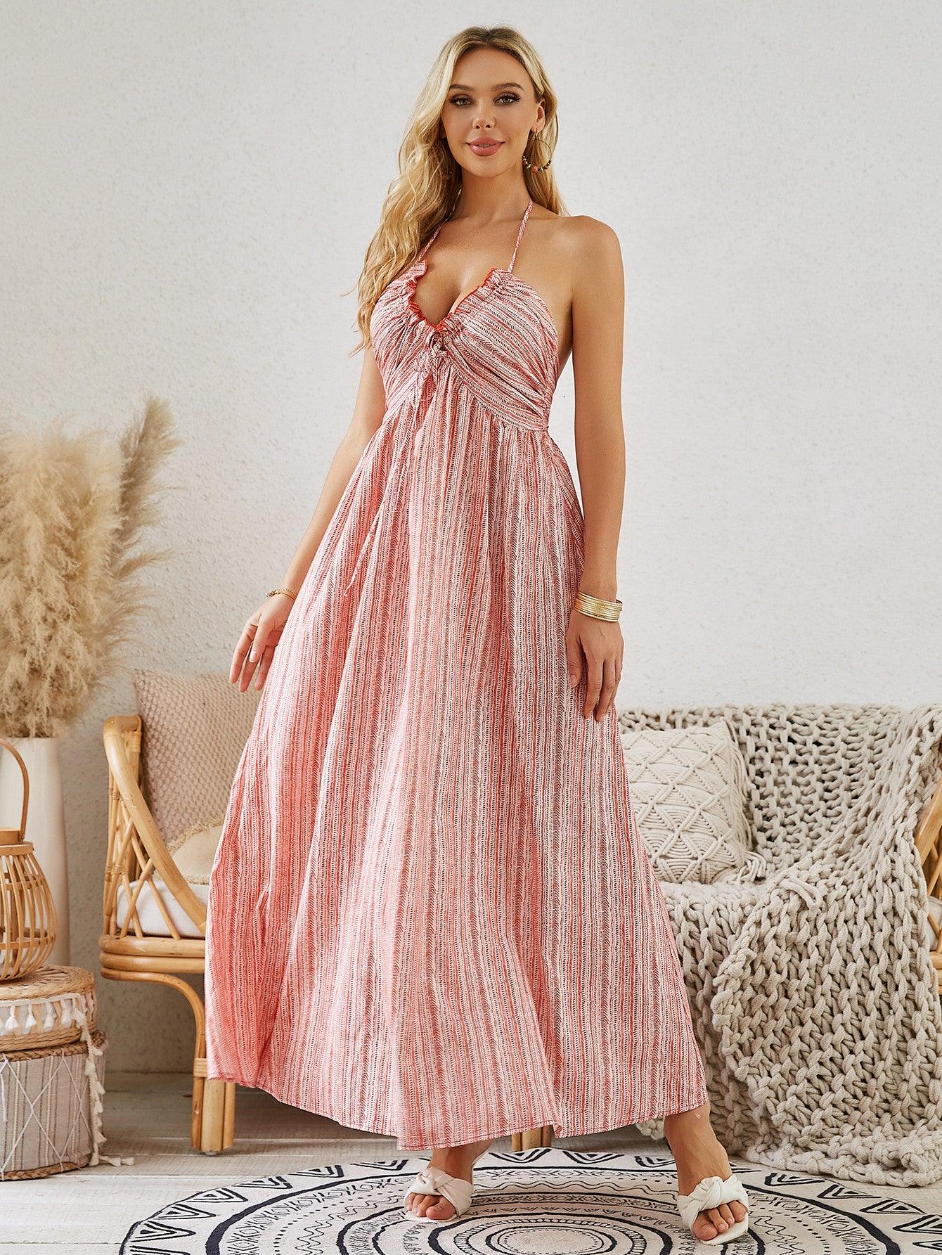 Bohemian Halter Maxi Dress - Women's Summer Sleeveless Flowy Beach Dress - MANDOTOS