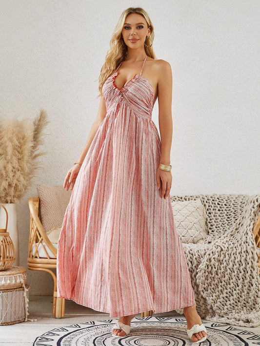 Bohemian Halter Maxi Dress - Women's Summer Sleeveless Flowy Beach Dress - MANDOTOS