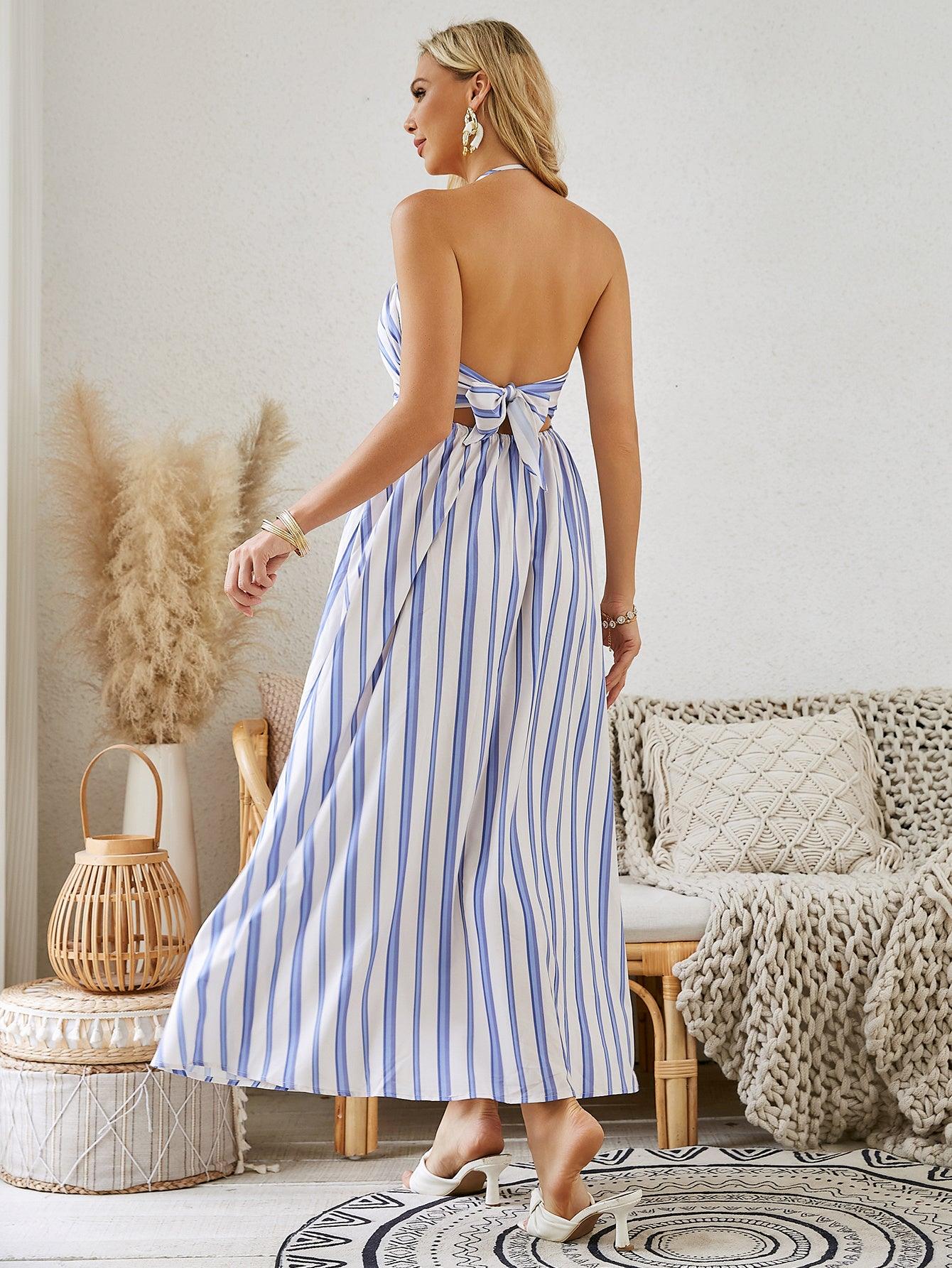 Bohemian Halter Maxi Dress - Women's Summer Sleeveless Flowy Beach Dress - MANDOTOS