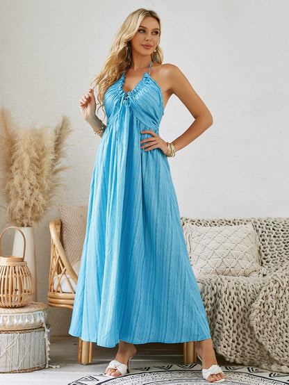 Bohemian Halter Maxi Dress - Women's Summer Sleeveless Flowy Beach Dress - MANDOTOS