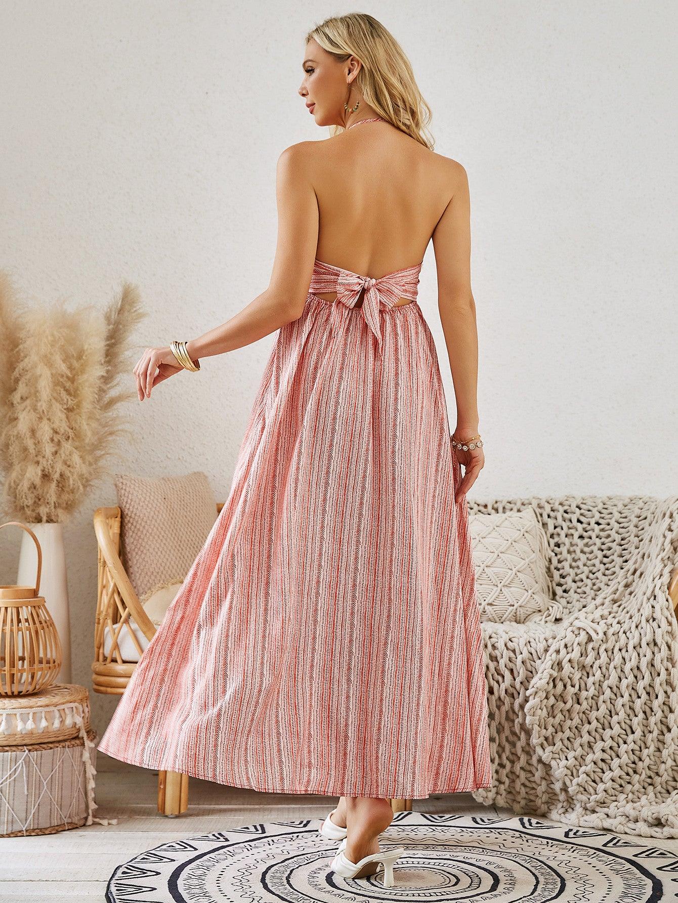 Bohemian Halter Maxi Dress - Women's Summer Sleeveless Flowy Beach Dress - MANDOTOS