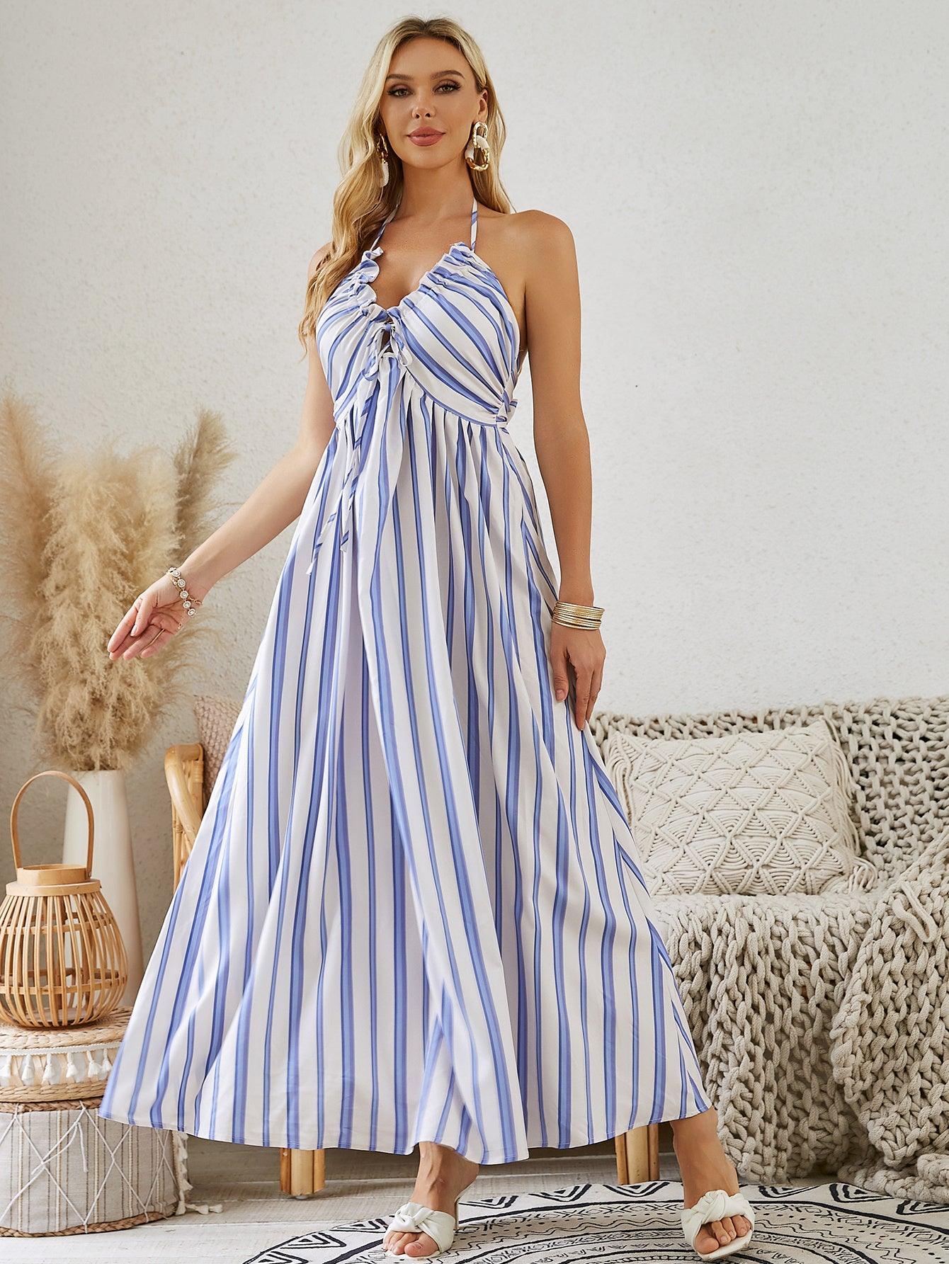 Bohemian Halter Maxi Dress - Women's Summer Sleeveless Flowy Beach Dress - MANDOTOS