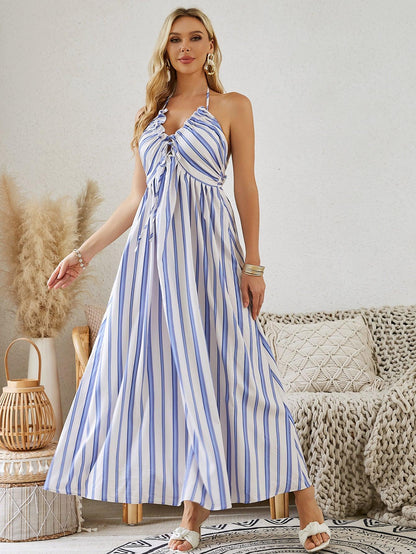 Bohemian Halter Maxi Dress - Women's Summer Sleeveless Flowy Beach Dress - MANDOTOS