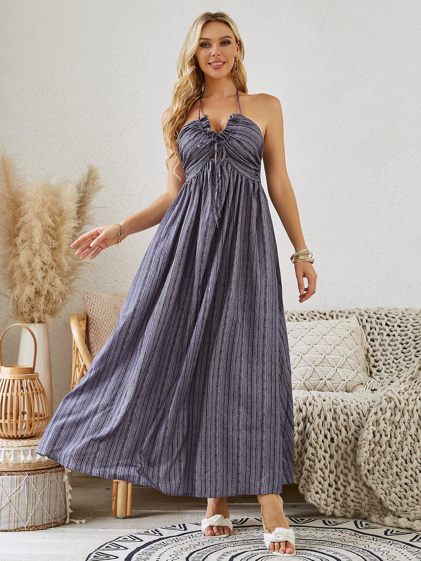 Bohemian Halter Maxi Dress - Women's Summer Sleeveless Flowy Beach Dress - MANDOTOS