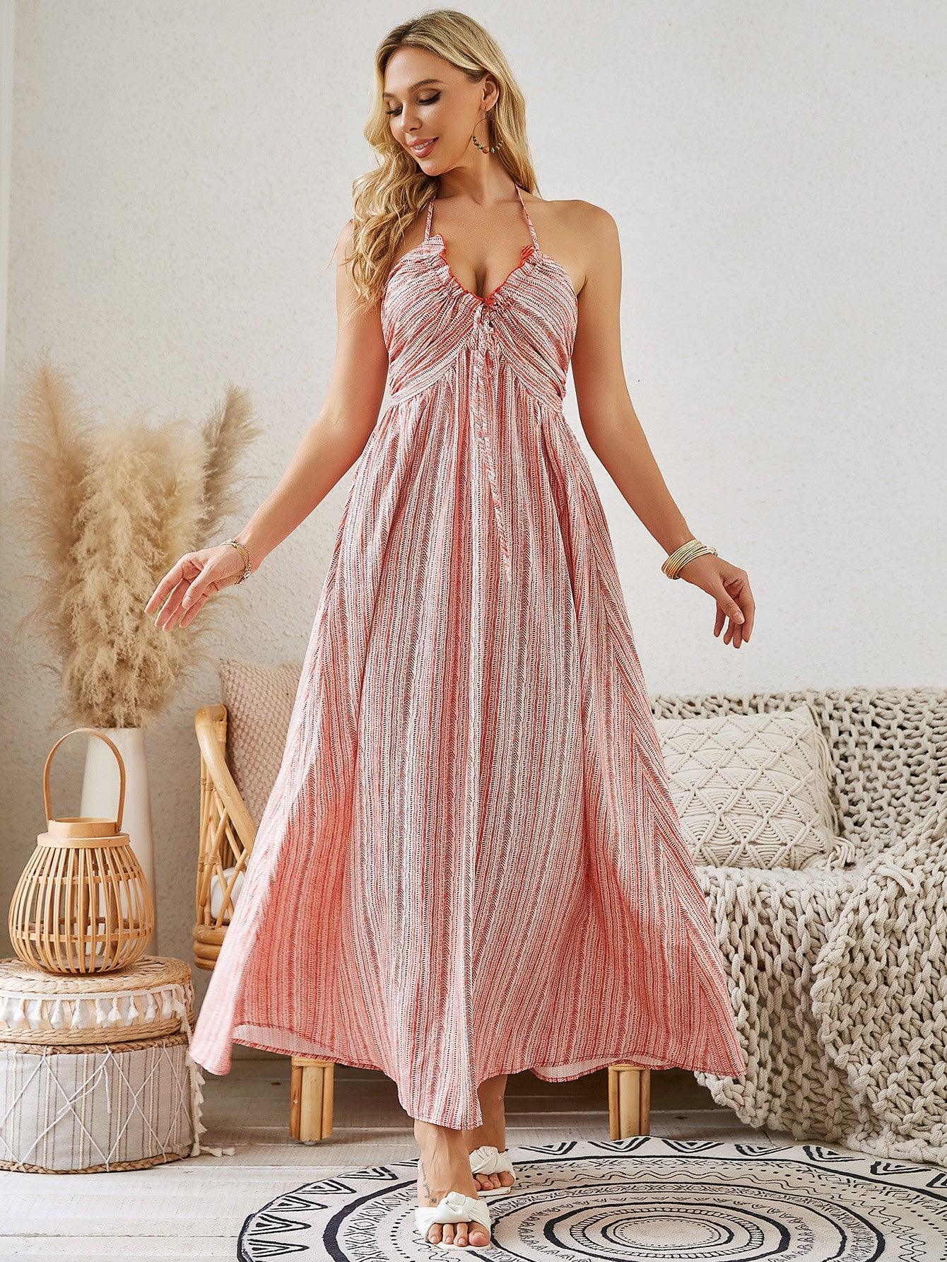 Bohemian Halter Maxi Dress - Women's Summer Sleeveless Flowy Beach Dress - MANDOTOS