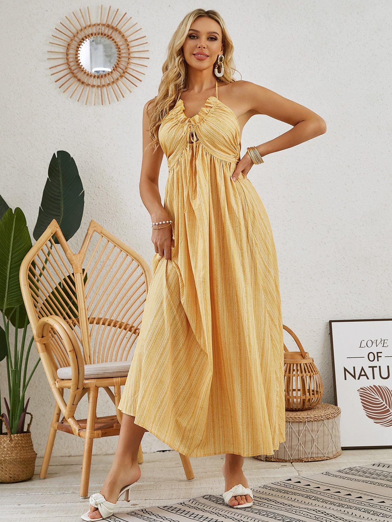 Bohemian Halter Maxi Dress - Women's Summer Sleeveless Flowy Beach Dress - MANDOTOS