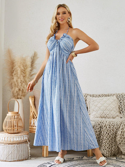 Bohemian Halter Maxi Dress - Women's Summer Sleeveless Flowy Beach Dress - MANDOTOS