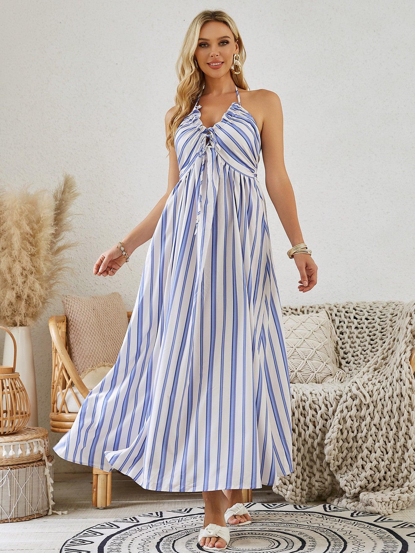 Bohemian Halter Maxi Dress - Women's Summer Sleeveless Flowy Beach Dress - MANDOTOS