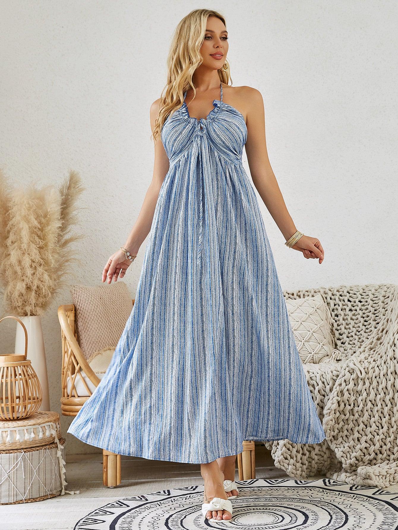 Bohemian Halter Maxi Dress - Women's Summer Sleeveless Flowy Beach Dress - MANDOTOS