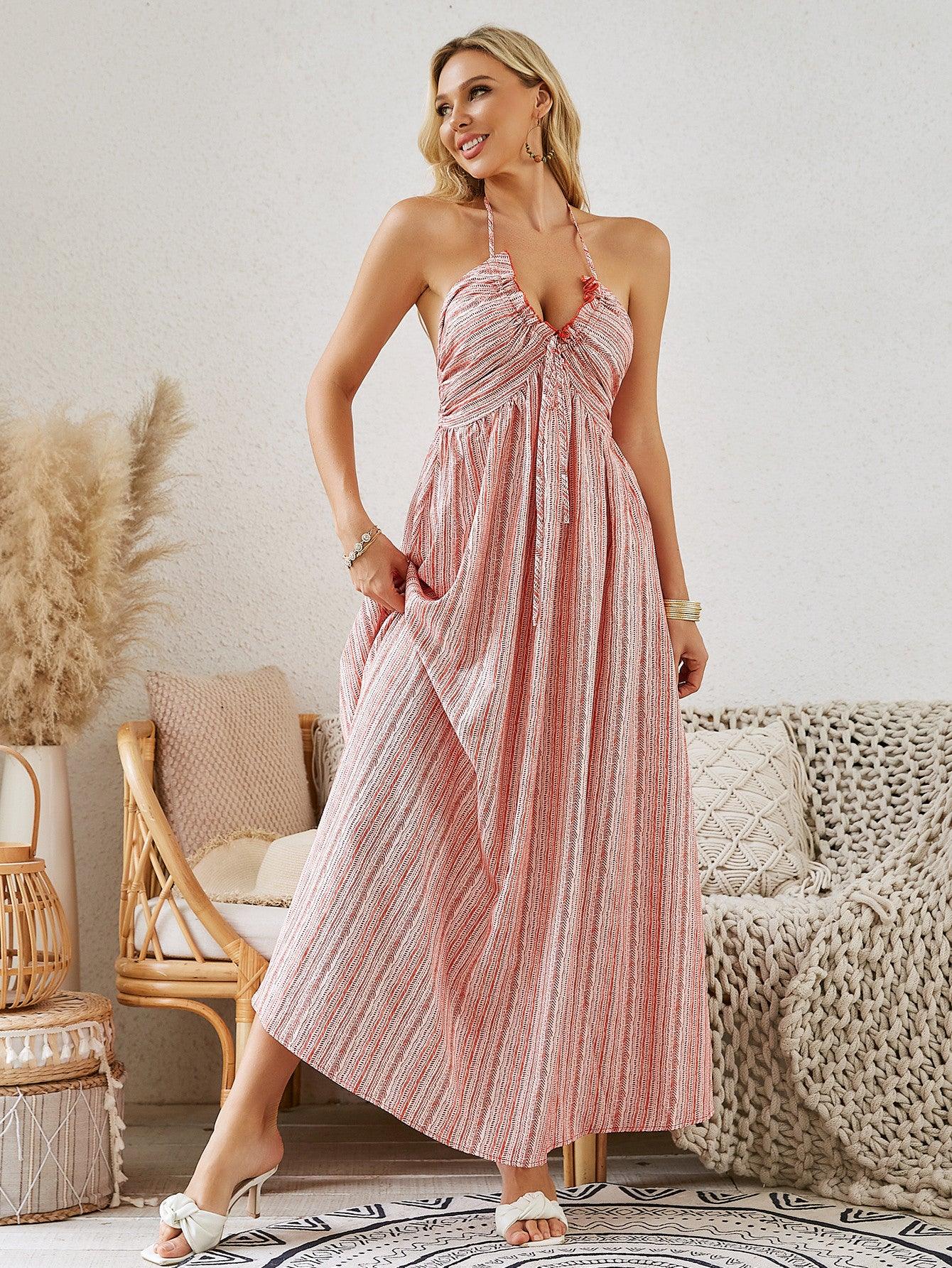 Bohemian Halter Maxi Dress - Women's Summer Sleeveless Flowy Beach Dress - MANDOTOS