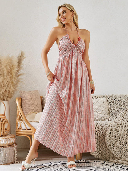 Bohemian Halter Maxi Dress - Women's Summer Sleeveless Flowy Beach Dress - MANDOTOS