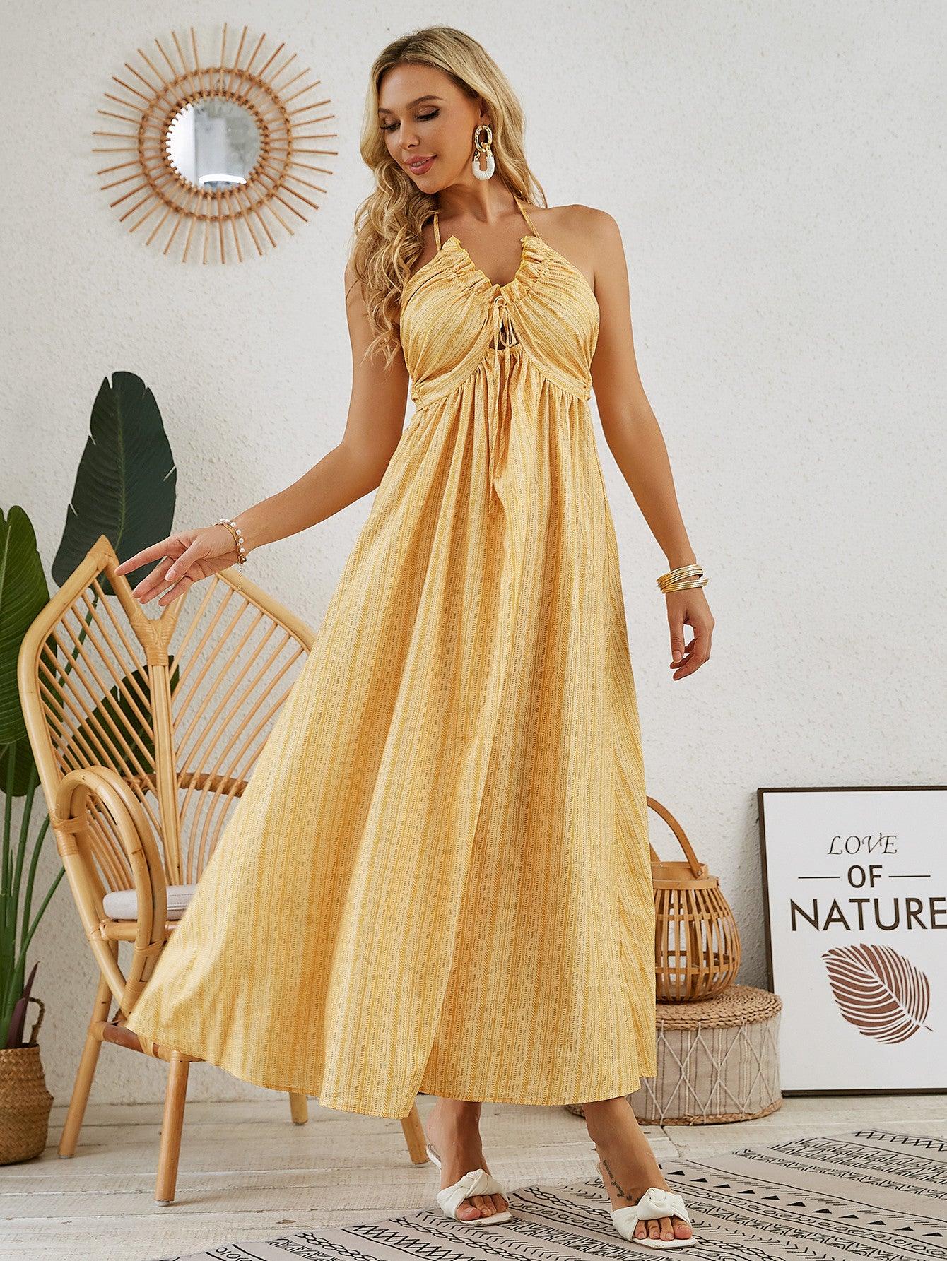 Bohemian Halter Maxi Dress - Women's Summer Sleeveless Flowy Beach Dress - MANDOTOS