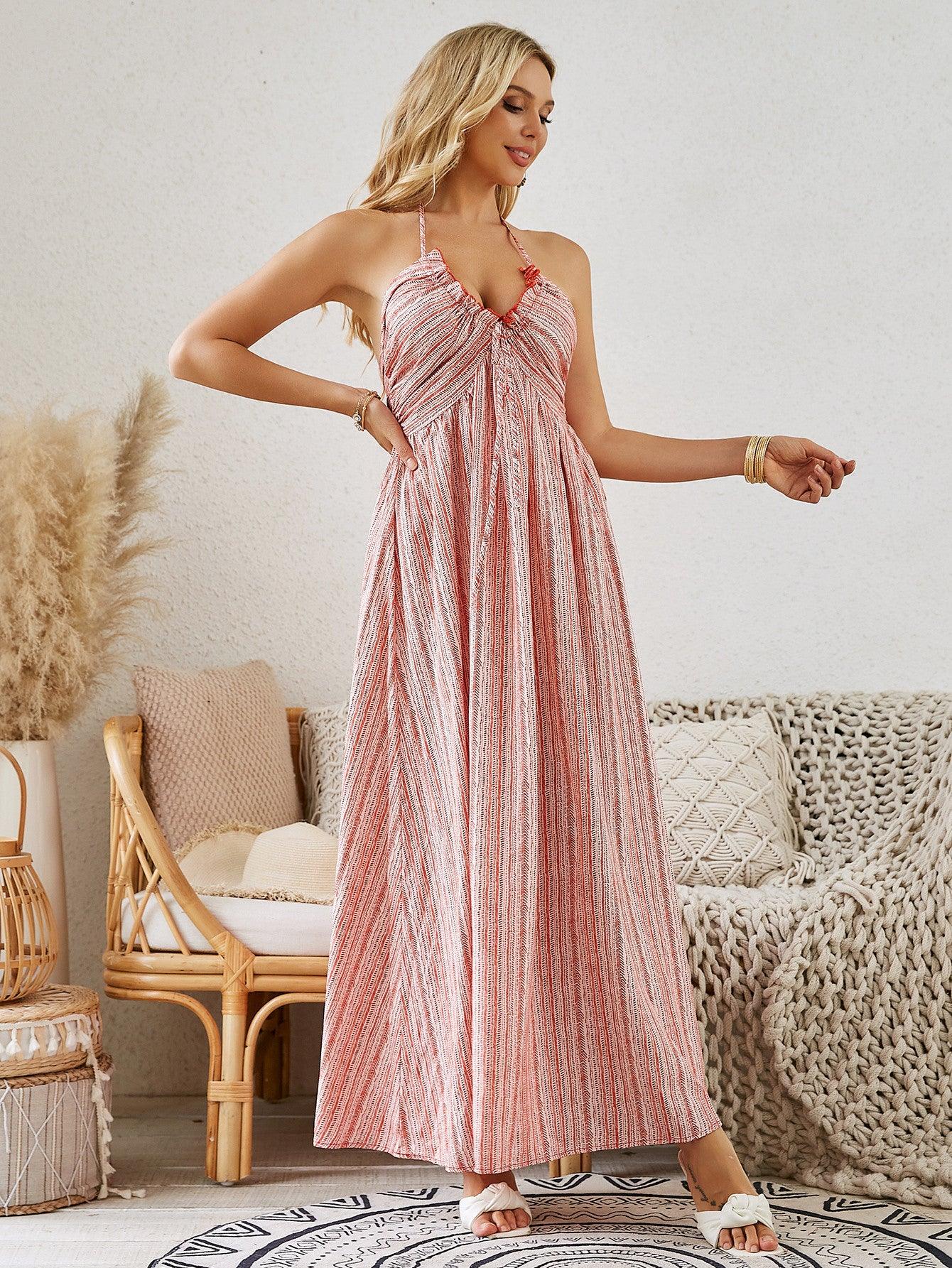 Bohemian Halter Maxi Dress - Women's Summer Sleeveless Flowy Beach Dress - MANDOTOS