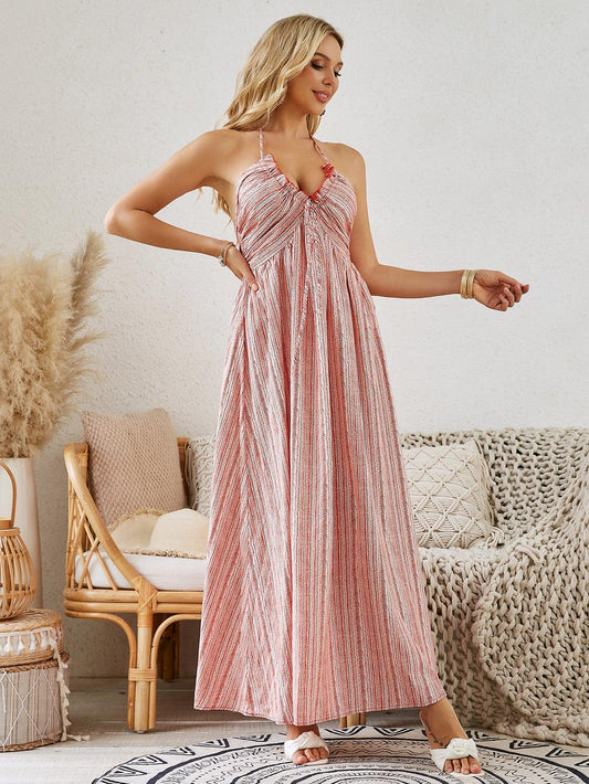 Bohemian Halter Maxi Dress - Women's Summer Sleeveless Flowy Beach Dress - MANDOTOS