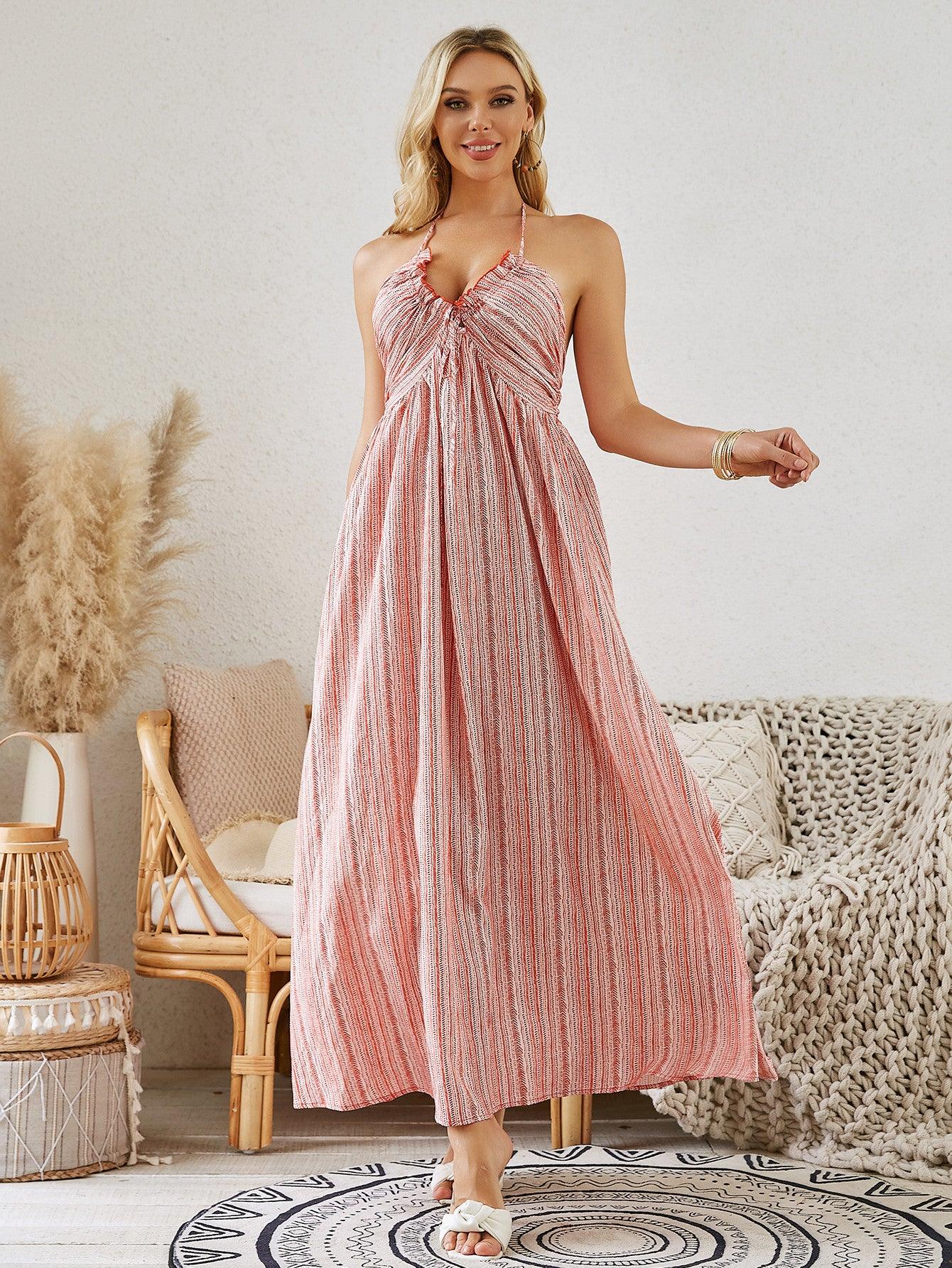 Bohemian Halter Maxi Dress - Women's Summer Sleeveless Flowy Beach Dress - MANDOTOS