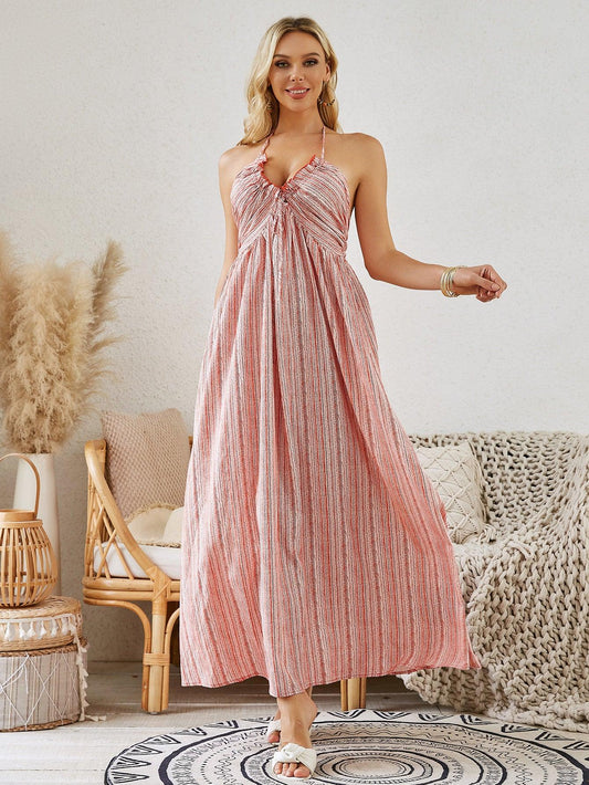 Bohemian Halter Maxi Dress - Women's Summer Sleeveless Flowy Beach Dress - MANDOTOS
