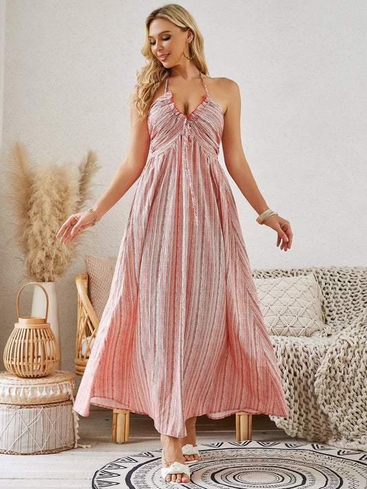 Bohemian Halter Maxi Dress - Women's Summer Sleeveless Flowy Beach Dress - MANDOTOS