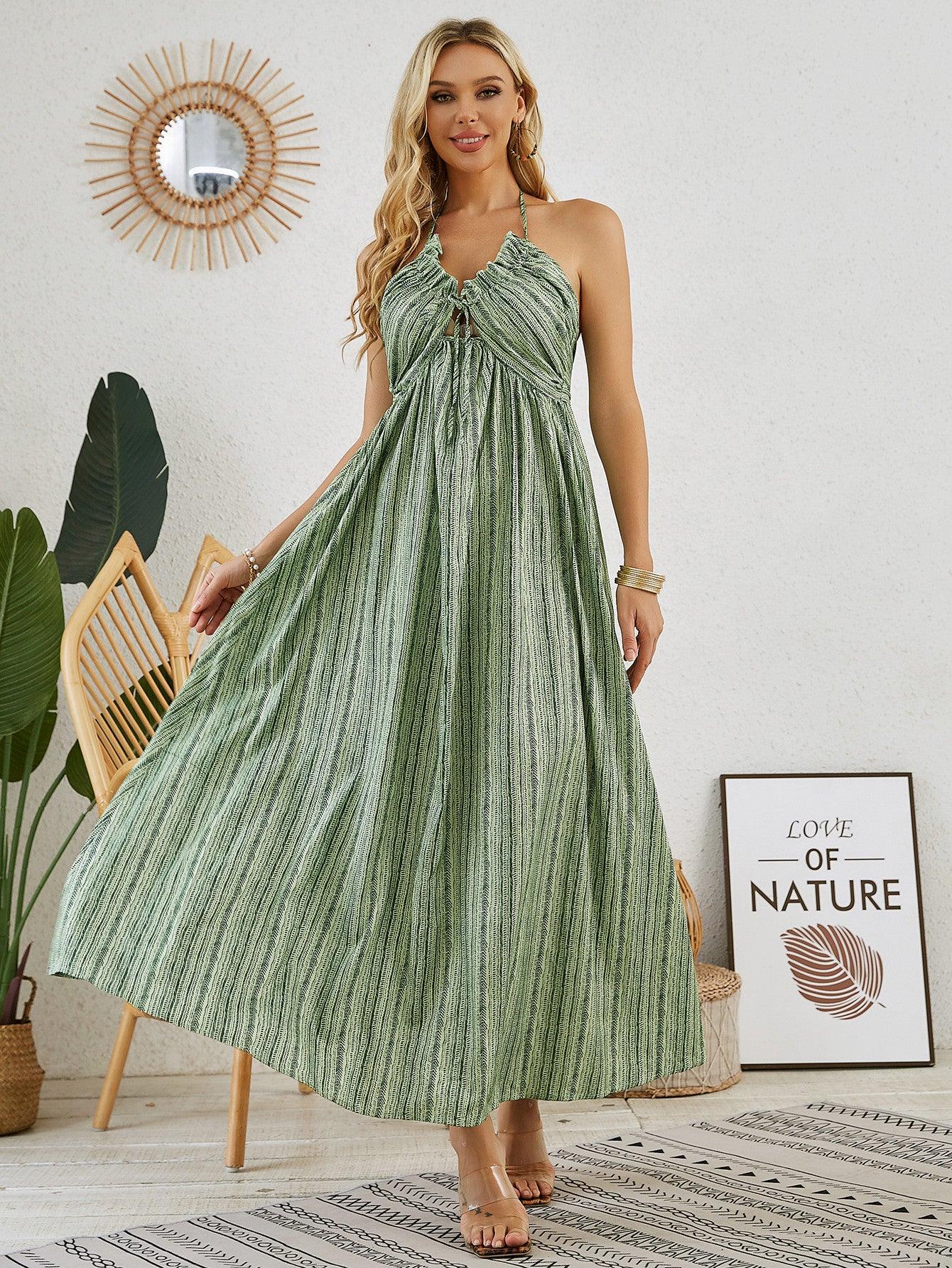 Bohemian Halter Maxi Dress - Women's Summer Sleeveless Flowy Beach Dress - MANDOTOS