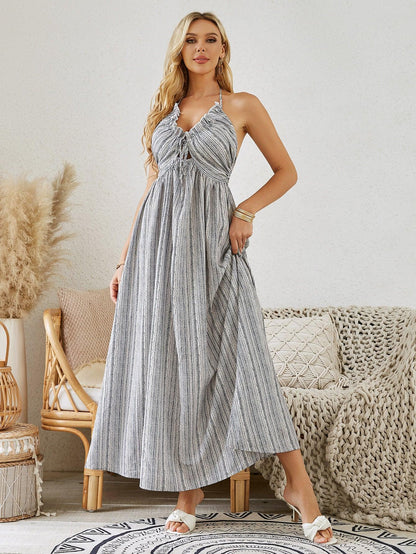 Bohemian Halter Maxi Dress - Women's Summer Striped Sleeveless Flowy Beach Dress - MANDOTOS
