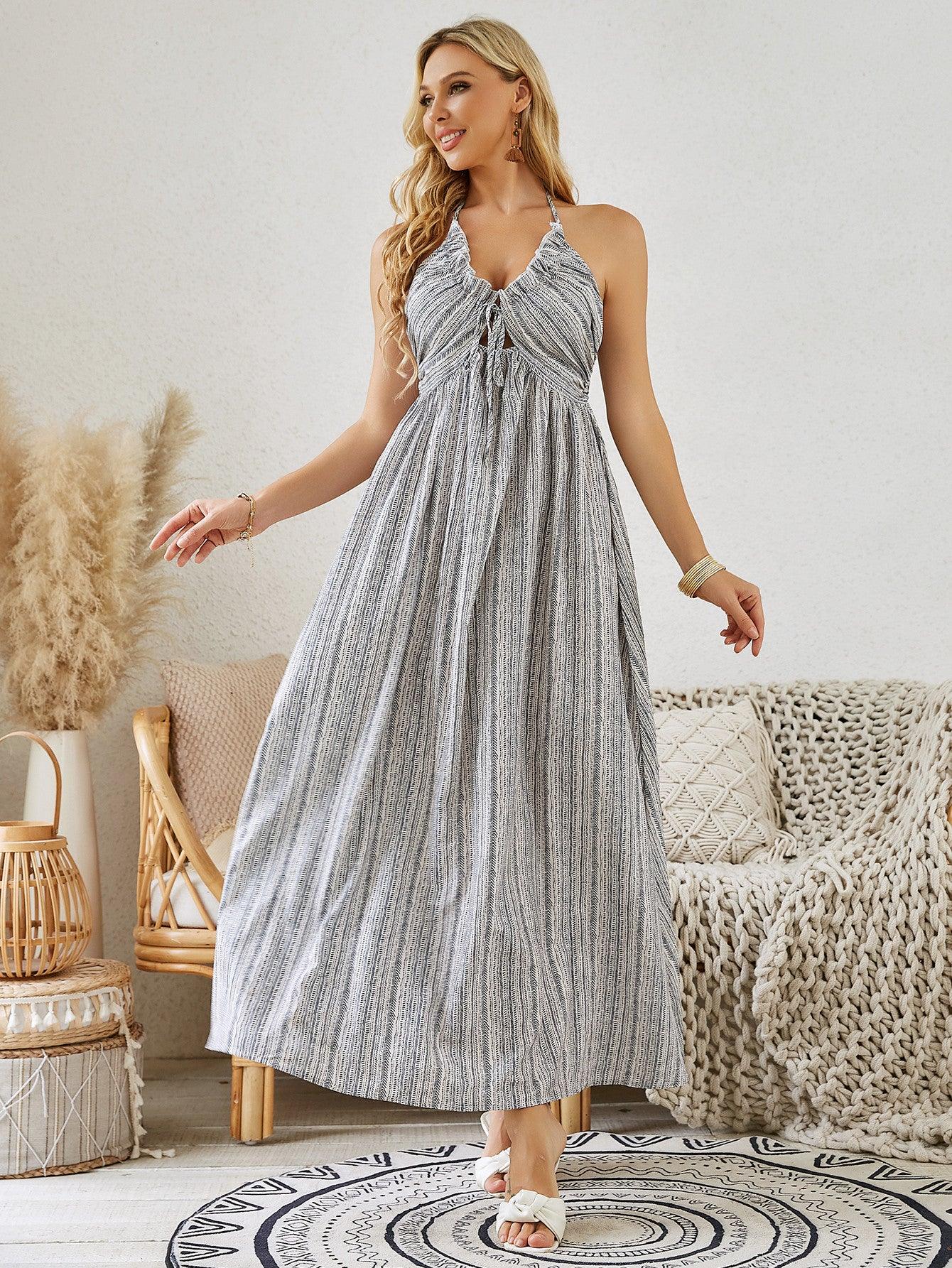 Bohemian Halter Maxi Dress - Women's Summer Striped Sleeveless Flowy Beach Dress - MANDOTOS