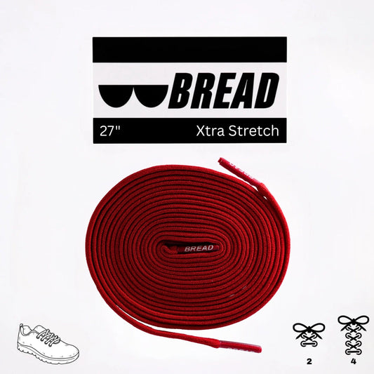 Elastic shoelace in bold red by Bread, showing close-up of the stretchy, durable laces threaded through eyelets.