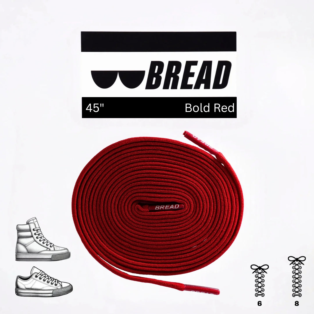 Bold red elastic shoelace by Bread, featuring a stretchy design and durable material for easy, comfortable shoe fastening.